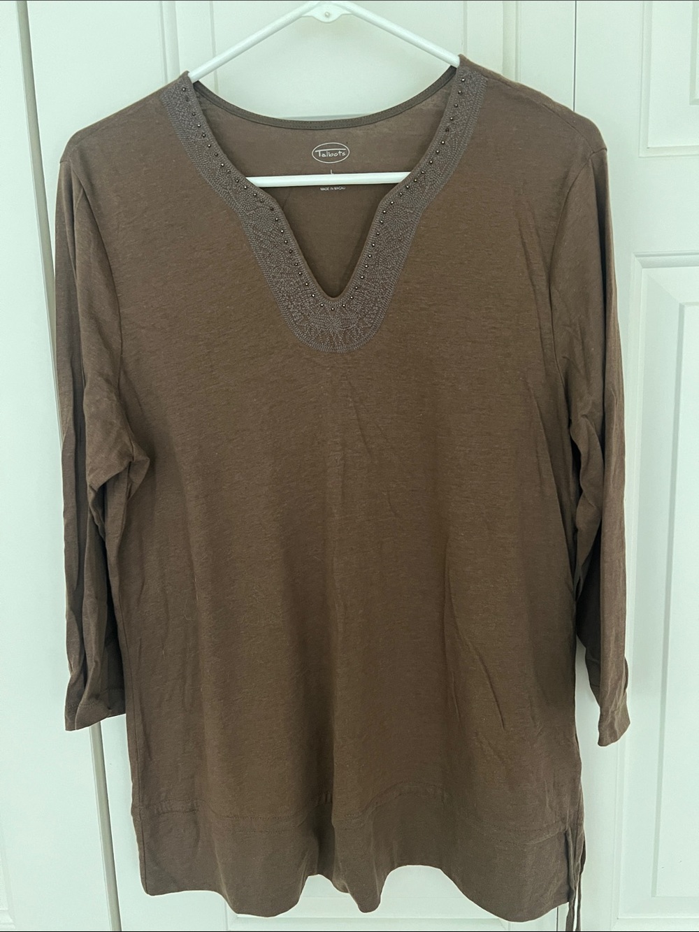 Talbots Brown Beaded V-Neck Long Sleeve Top